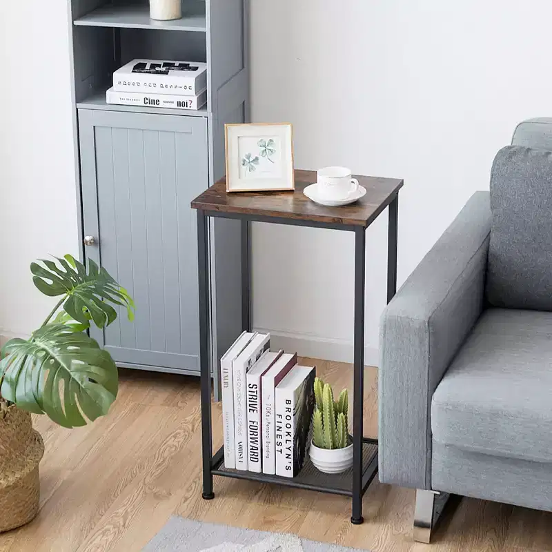 Set of 2 2-Tier Industrial Side End Accent Telephone Table w/ Mesh Shelf