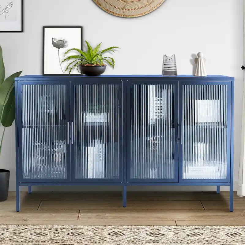 4-Door Tempered Glass Cabinet with 4 Glass Doors Adjustable Shelf and Feet Anti-Tip Dust-free Fluted Glass Kitchen Credenza