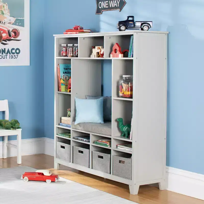Kids' Storage Shelf Wooden Bookshelf and Toy Organizer with Reading Bench and Fabric Bins