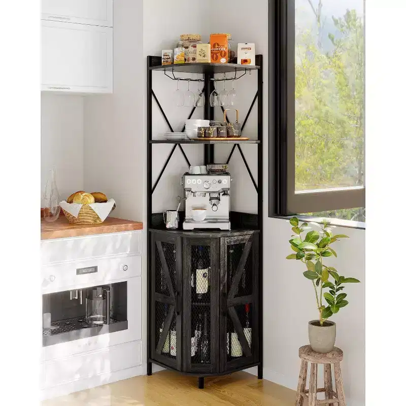 4-Tier Corner Kitchen Rack, Freestanding Foldable Cabinet, Industrial Metal and Wood Storage Shelf for Small Spaces, Living Room & Kitchen