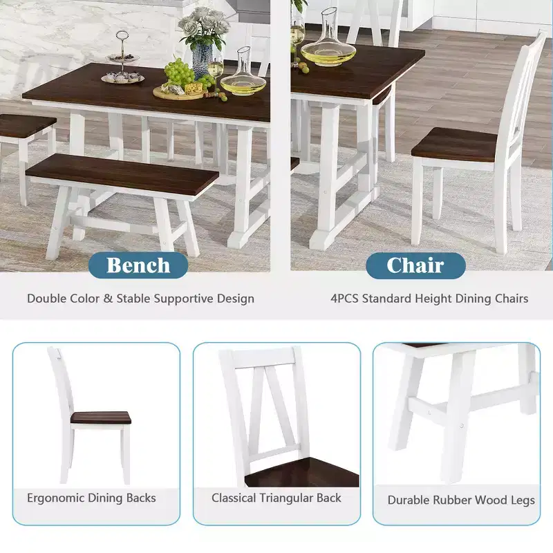 6-Piece Wood Kitchen Dining Table for 6-Person, Rectangle Kitchen Dining Table & 4 Side Chairs, Long Bench