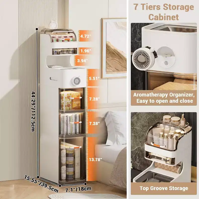 Waterproof Slim Bathroom Storage Cabinet, Tall Narrow Plastic Drawers Organizer with Tissue Box and Wheels, Space Saving Storage Cabinet for Kitchen