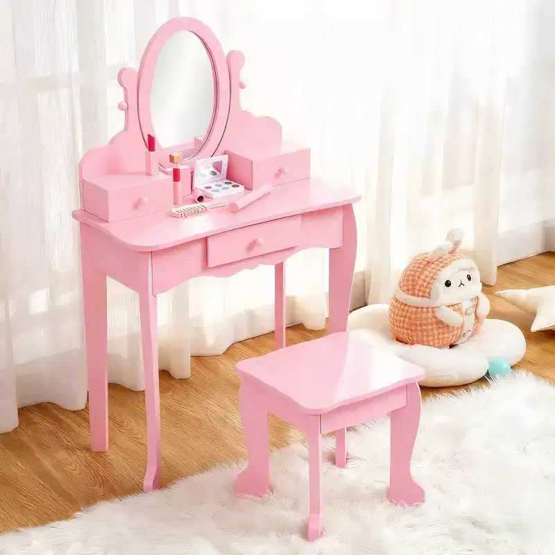 GustoWave Pink Kids Vanity Set  Girls Wooden Makeup Table with Adjustable Mirror & Stool, Dress-Up Playset for Ages 49