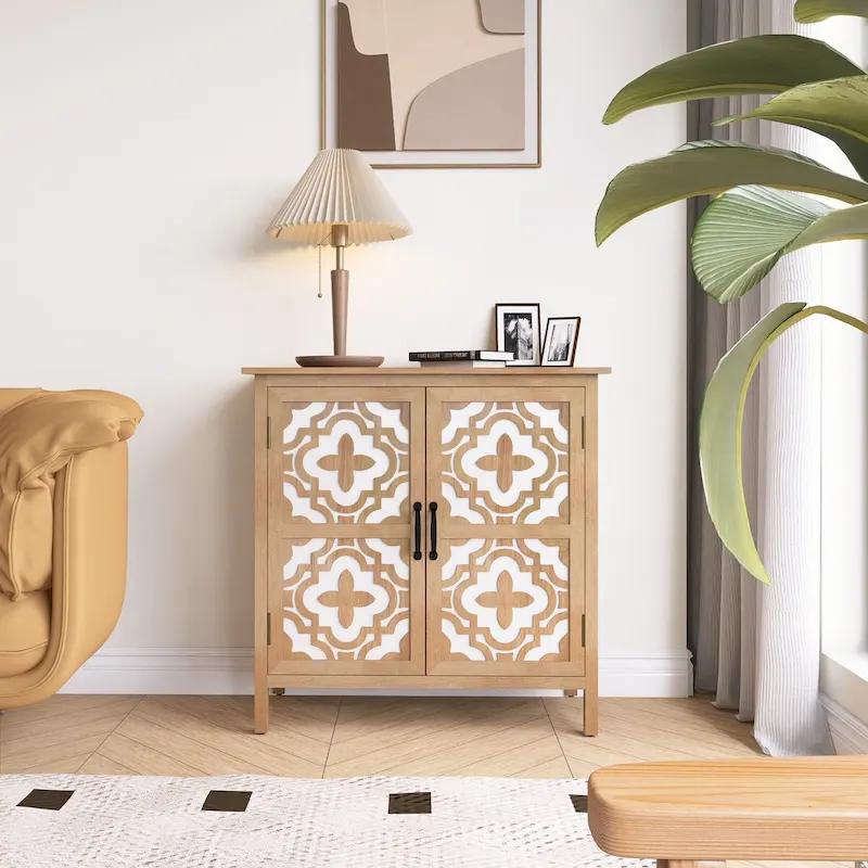2-Door Hand-Carved Wood Veneer Side Cabinet with Pine Legs – Brown, Chipboard, Abstract Line Design