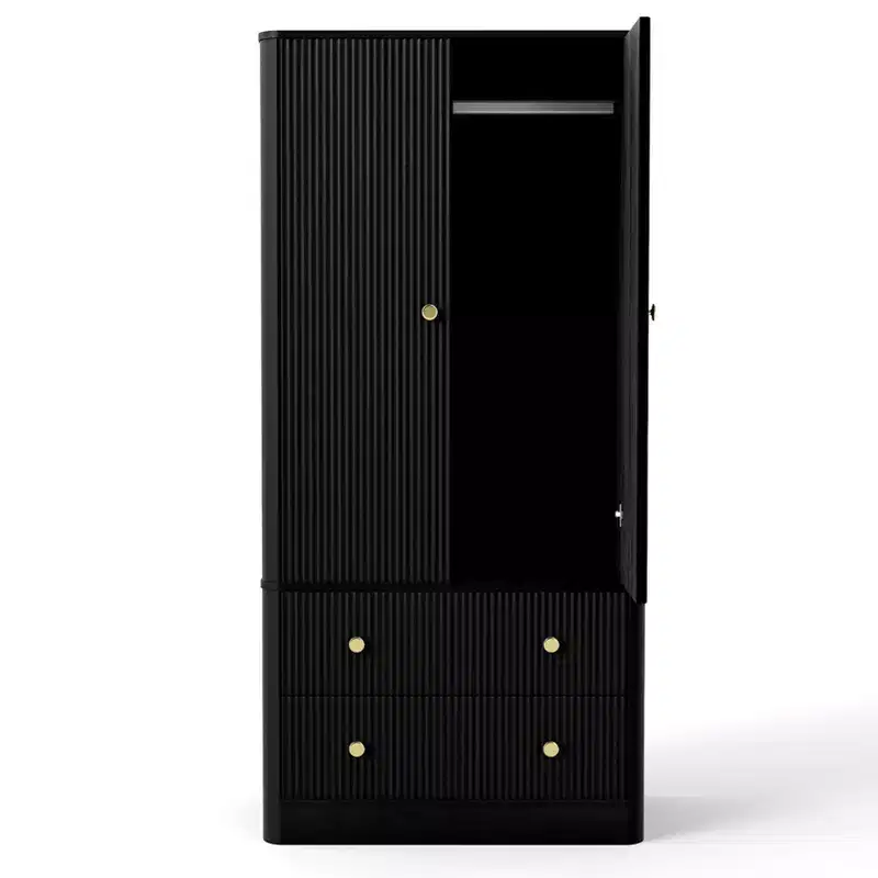Clothing Wardrobe 2 Doors 2 Drawers, Elegant Wooden Freestanding Storage Cabinet for Bedroom Living Room Office
