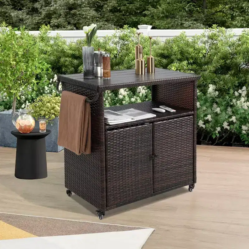 Outdoor Wicker Bar Serving Cart with Glass Tabletop, Rolling, Black & Brown, 35