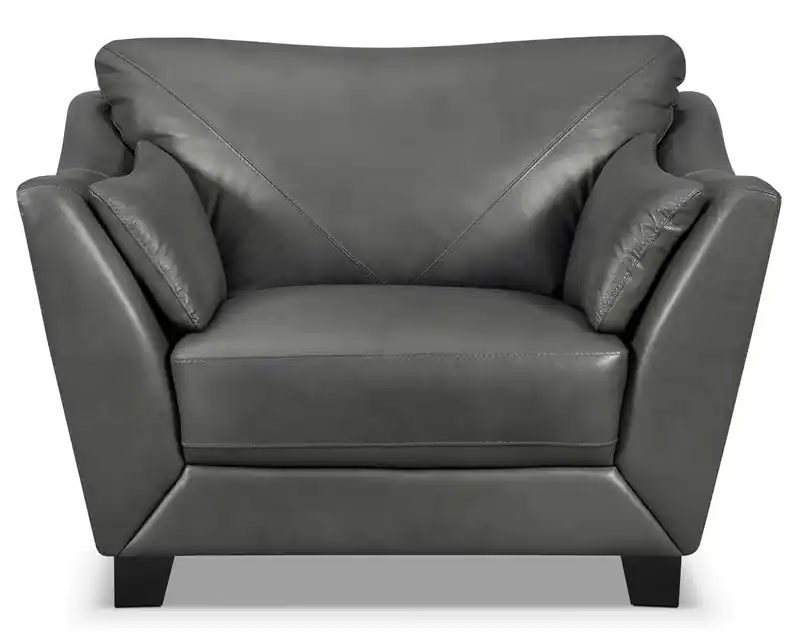 Genuine Leather Chair with Wood Legs - Charcoal Grey