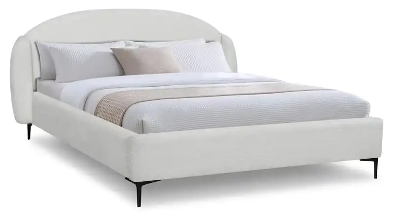 Upholstered Wingback Bed in White Fabric