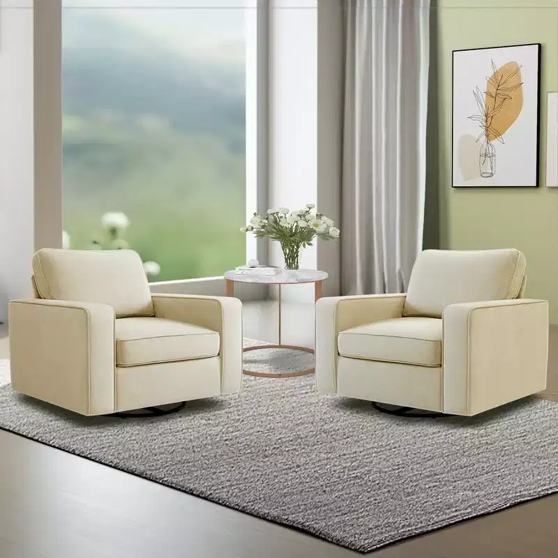 Beige / Green Upholstered 360° Swivel Accent Chair, Padded Arms, 1-Seat