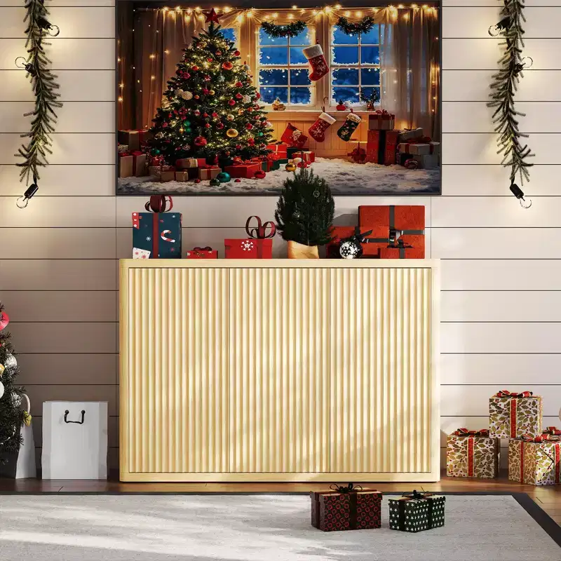46.7 Fluted Oak Buffet Sideboard, Modern Wood Storage Cabinet with 3 Doors & Adjustable Shelves, Mid Century Modern Design