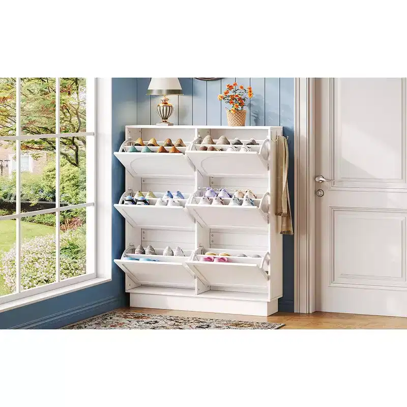 VIYET 49 Cream-Style Narrow Shoe Cabinet, White MDF Organizer w/ 6 Flip Drawers & 3 Silver Hooks (Adjustable Shelves)
