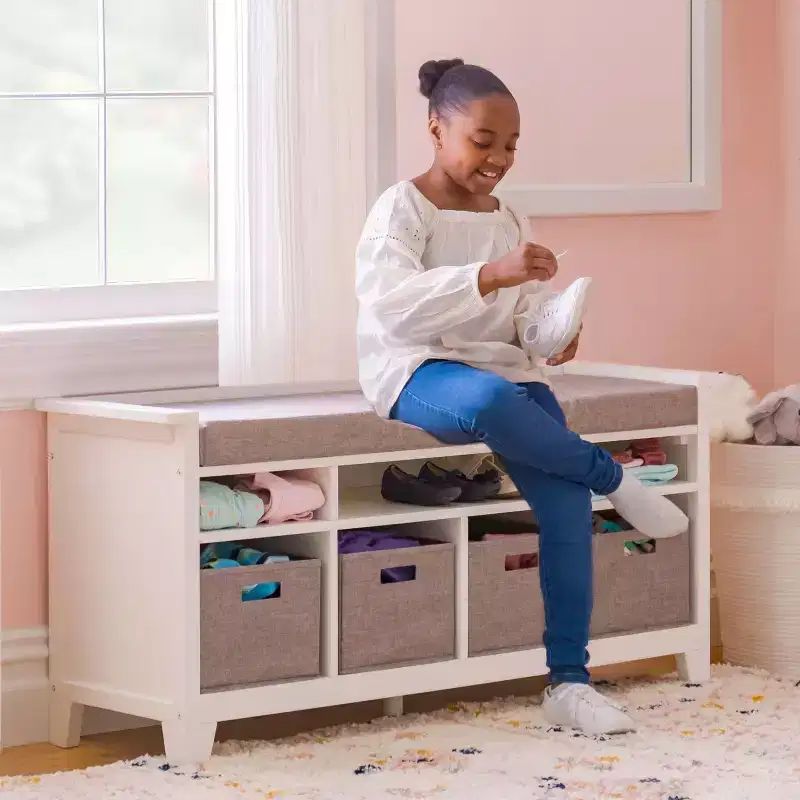 Kids' Storage Bench Children's Wooden Playroom Bookshelf Reading Nook and Toy Organizer with Fabric Bin