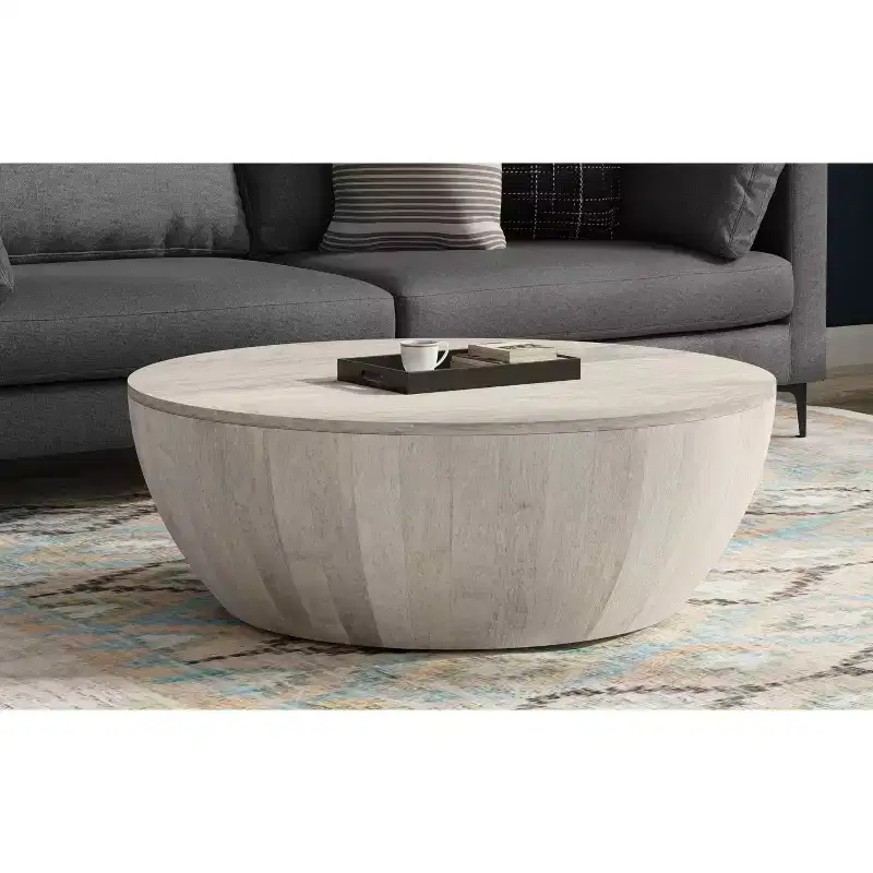 Keystone 34 inch Wide Solid Mango Modern Industrial Drum Coffee Table, Assembled