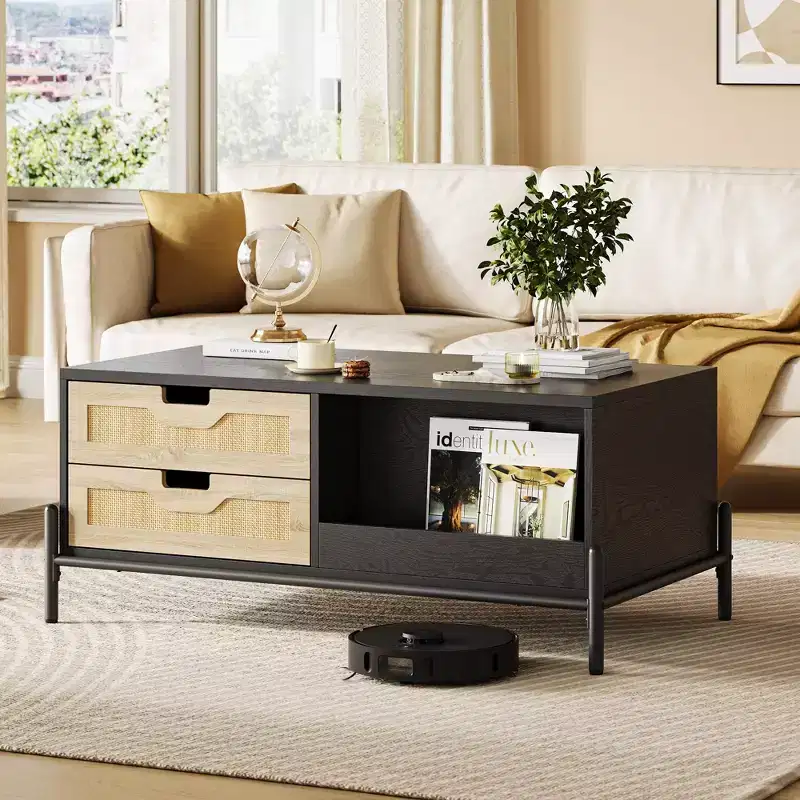 Rattan Mid Century Modern Coffee Table with LED Lights, 4 Drawers and Open Storage Shelf, Wooden Farmhouse Living Room Table