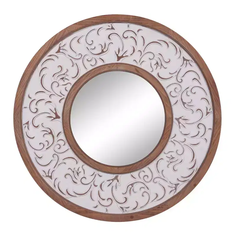 Wood Floral Wall Mirror with Embossed Metal White - Olivia & May: Farmhouse Style, No Assembly, MDF Frame, 31.5 Round