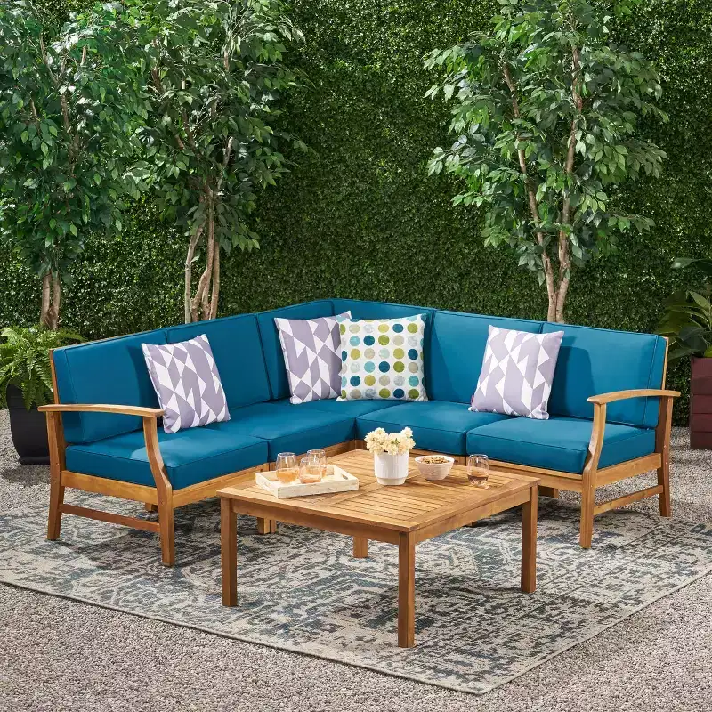 Christopher Knight Home Perla Outdoor Acacia Wood 5 Seater Sectional Sofa Chat Set with Water-Resistant Cushions