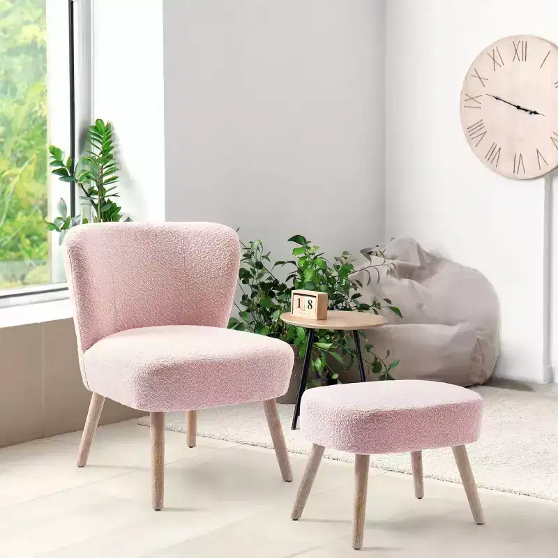 WestinTrends 25.5 Wide Upholstered Boucle Accent Chair with Ottoman Foot Stool Set