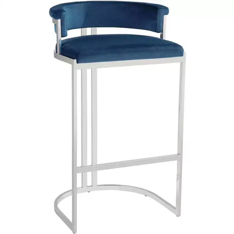 Studio 55D Jazmin Polished Stainless Steel Bar Stool Silver 31 High Modern Blue Cushion with Low Backrest Footrest for Kitchen Counter Height Island