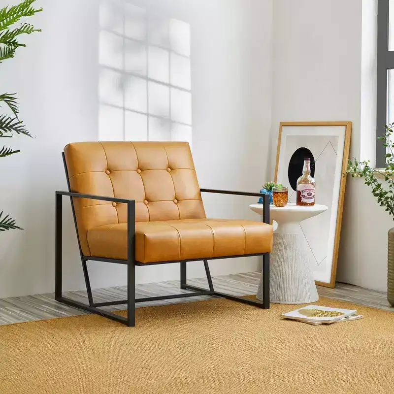 Mid-Century Modern Leatherette Button Tufted Arm Accent Chair