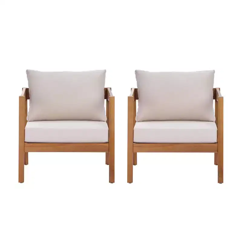 Christopher Knight Home Kittisak Farmhouse Acacia Wood Upholstered Patio Lounge Chairs with Cushion (Set of 2)