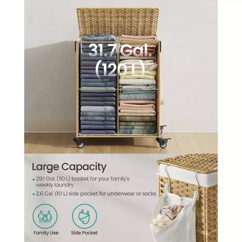 Rolling Laundry Hamper with Wheels, 2-Compartment Synthetic Rattan Basket with Removable Liner