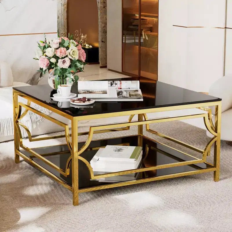 Square Coffee Table with Black or Clear Glass Top and Two-Tier Display Shelf