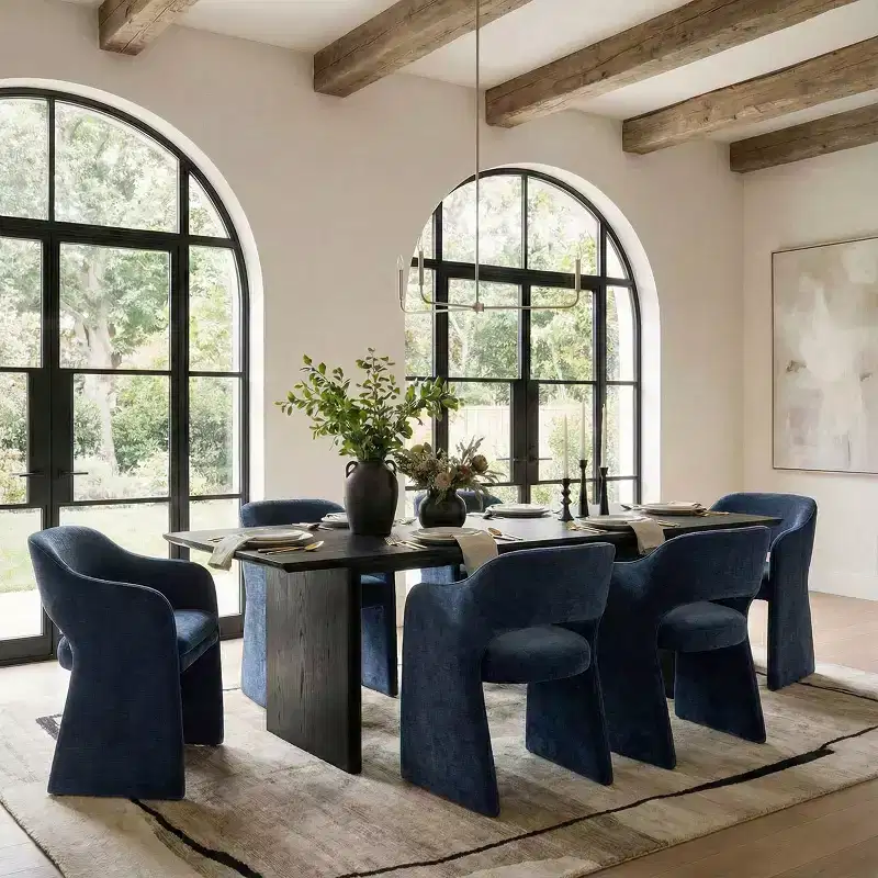 Set of 6 Upholstered Dining Chairs with Wraparound Arms – Chenille, Curved Back, 23
