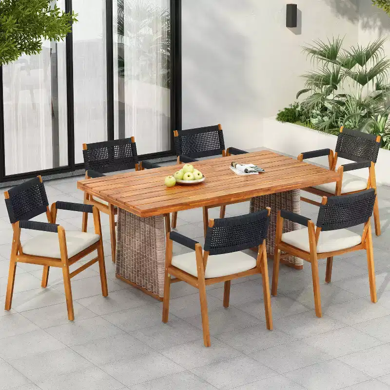 Christopher Knight Home Francesca Rustic 7 Piece Outdoor Woven Rope Acacia Wood Dining Set with Rattan Slatted Table