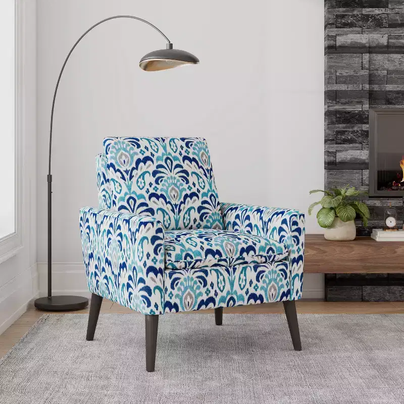 Medieval-modern style armchair for small spaces, brocade pattern, cobalt blue/grey