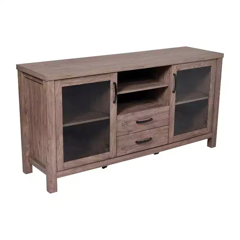 Engineered Wood Buffet Sideboard with Open Shelf, 2 Drawers, and 2 Tempered Glass Doors