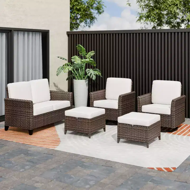 EAGLE PEAK Ocean Vista 5 piece Patio Variated Brown Wicker Conversation Set Swivel Chairs, Loveseat