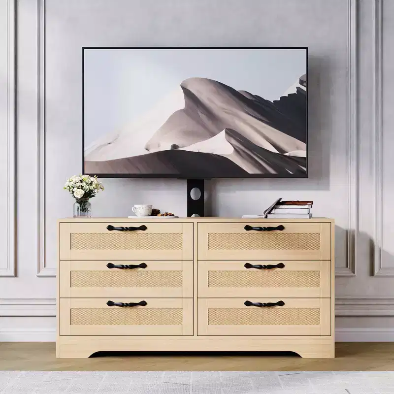 Wood & Rattan TV Stand with Mount 6-Drawer 47.2''W x 43.8''H x 15.7''D
