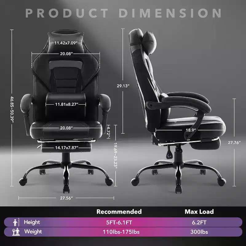 Ergonomic Gaming Chair, High-Back PU Computer Chair, Retractable Footrest, Height Adjustable, Adjustable Lumbar & Headrest, Swivel Office Chair