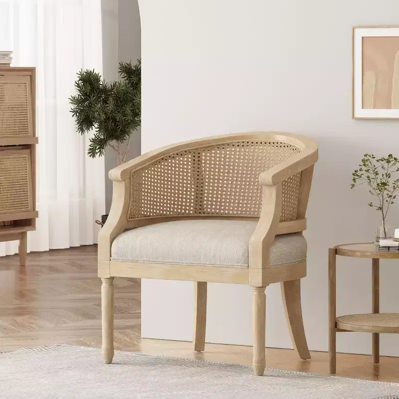 TUYOHW Modern Wood Accent Chair with Thick Upholstered Comfy Chair with Rattan Curved Backrest Lounge Armchair for Living Room, Bedroom