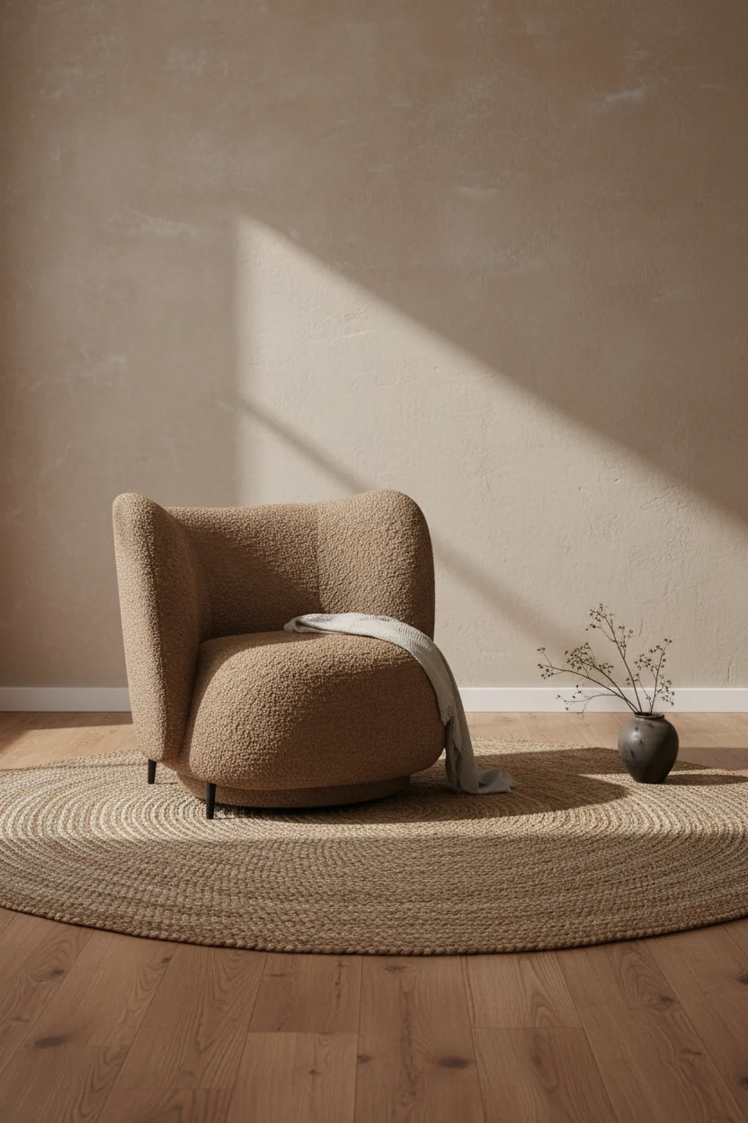 Contemporary Boucle Fabric Lounge Chair with Curvaceous Embracing Frame for Living Room