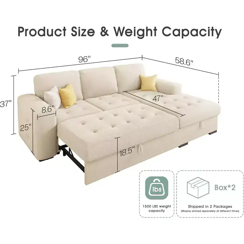 96 Sofa Bed with Storage Chaise, Convertible Pull-Out Sleeper Couch for Living Room