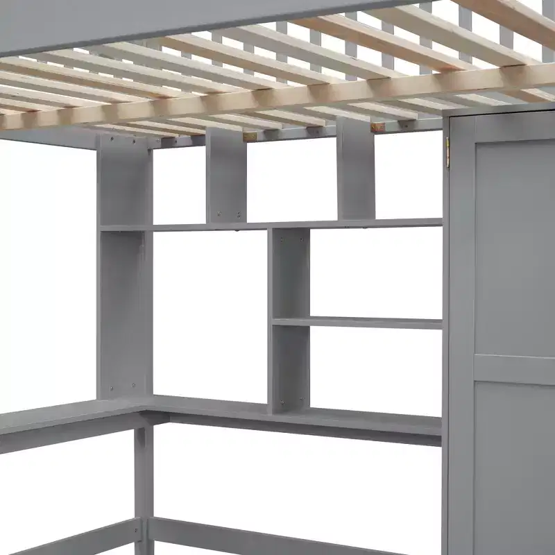 Wood Full Size Loft Bed with Bookshelf, Desk, Drawers & Wardrobe 94.4''L x 57''W