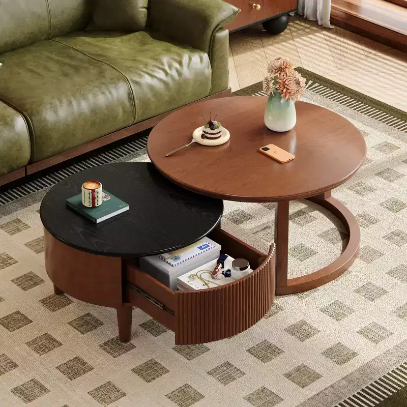 Round Nesting Coffee Table, Retro-Style with Grooves and Drawer, for Bedroom, Living Room, Dining Room