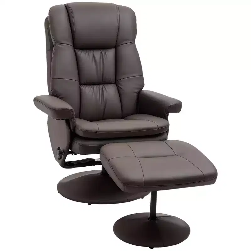 PU Leather Recliner Chair with Ottoman, Swivel Recliner and Ottoman with Round Wrapped Base for Living Room