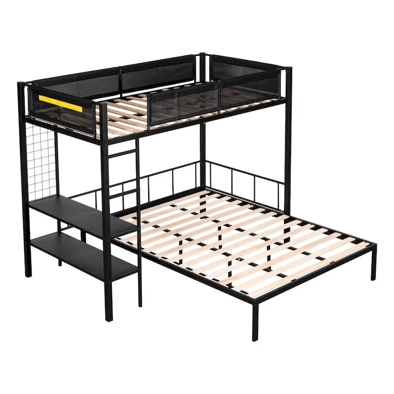 Twin over Full Bunk Bed with Shelves, Grid Panel and Separated Bottom Bed