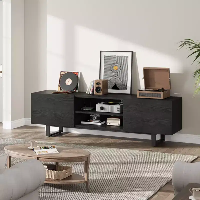 Garvee Industrial TV Stand for 80 Inch, Modern Entertainment Center with 2 Drawers, Wooden Media Cabinet with Heavy Duty Leg for Living Room, Black