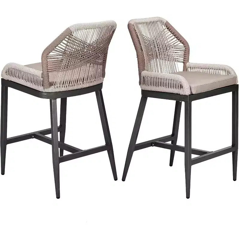 Rattan Counter Stools, Set of 2 Outdoor Bar Chairs with Backrest and Aluminum Frame, Natural Finish