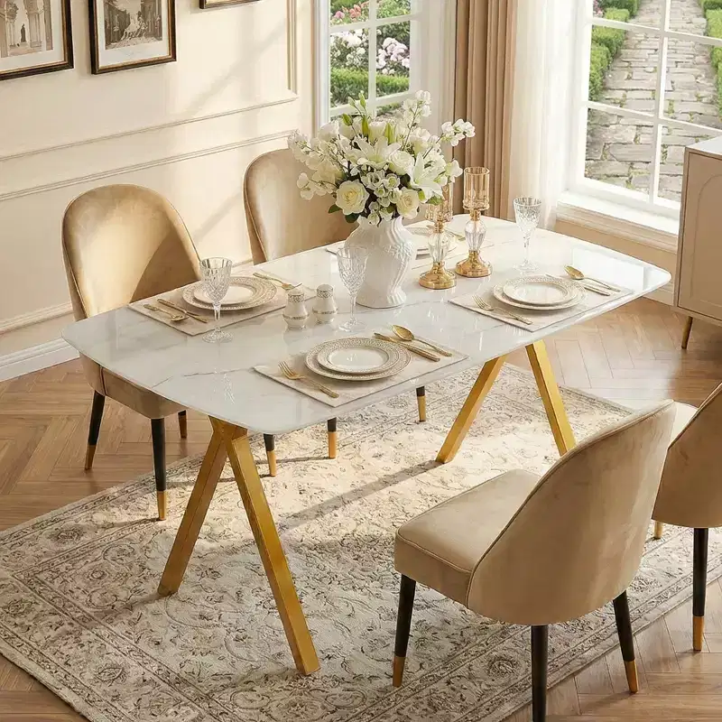 GDFStudio Daniela Modern Tempered Glass Rectangular Dining Table with Marble Design and Metal Legs