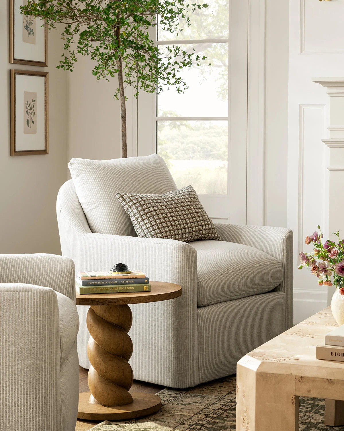 Modern Feather Blend Swivel Lounge Chair with Bench-Made Frame & Custom Fabric for Living Room