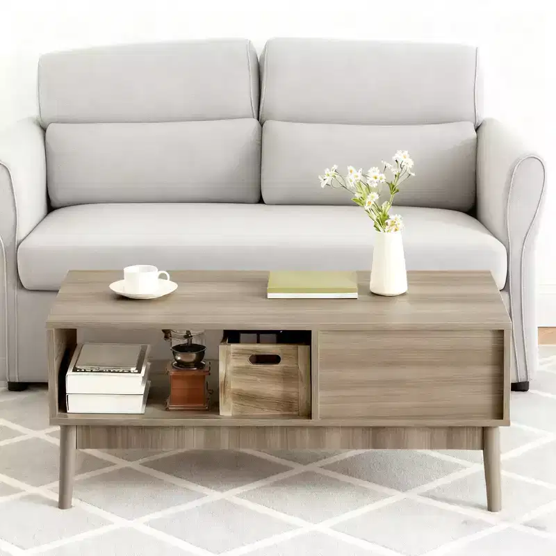 39.4 Coffee Table with Drawer and Open Shelf, Mid Century Modern 2 Tier Rectangle Center Table for Living Room