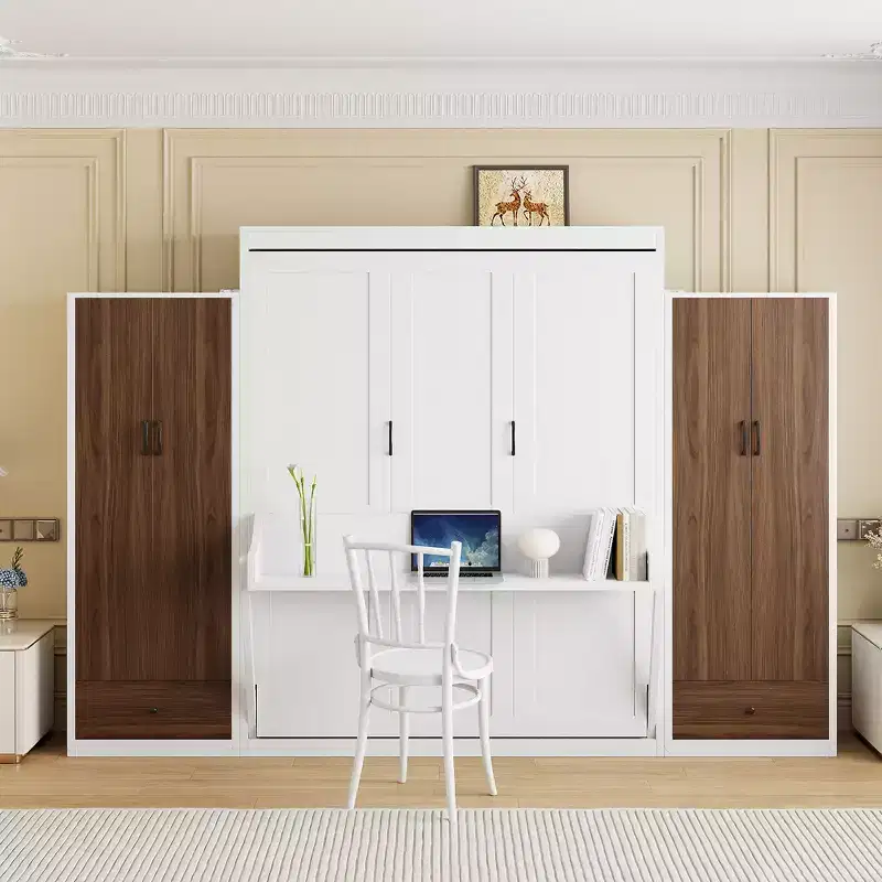 Full/Queen Size Murphy Bed with Closet, Drawers & Table - Wall Bed for Small Spaces, White