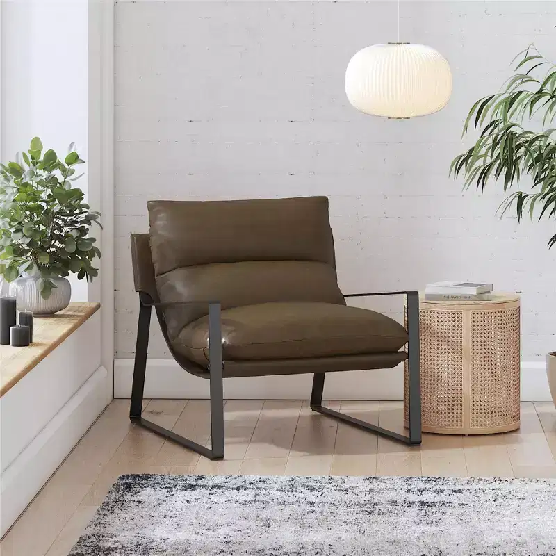 Faux Leather Upholstered Sling Accent Chair with Metal Frame