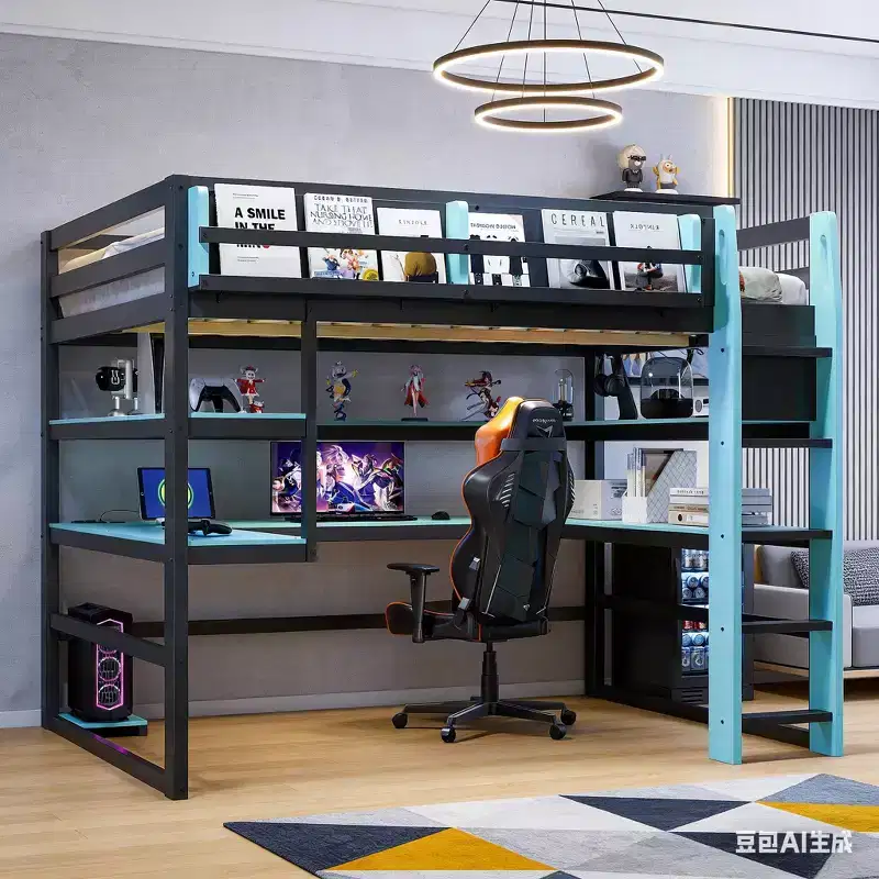Luxystar Modern Full Gaming Loft Bed With Lighted Desk, Storage Bookcase, Racks and Outlets
