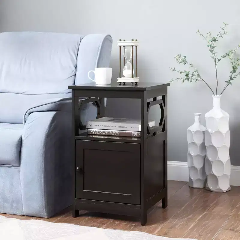 HomeStock Belmont End Table with Cabinet and Two Shelves, Octagon Side Design, Hidden Storage Space for Magazines and Electronics in Living Room