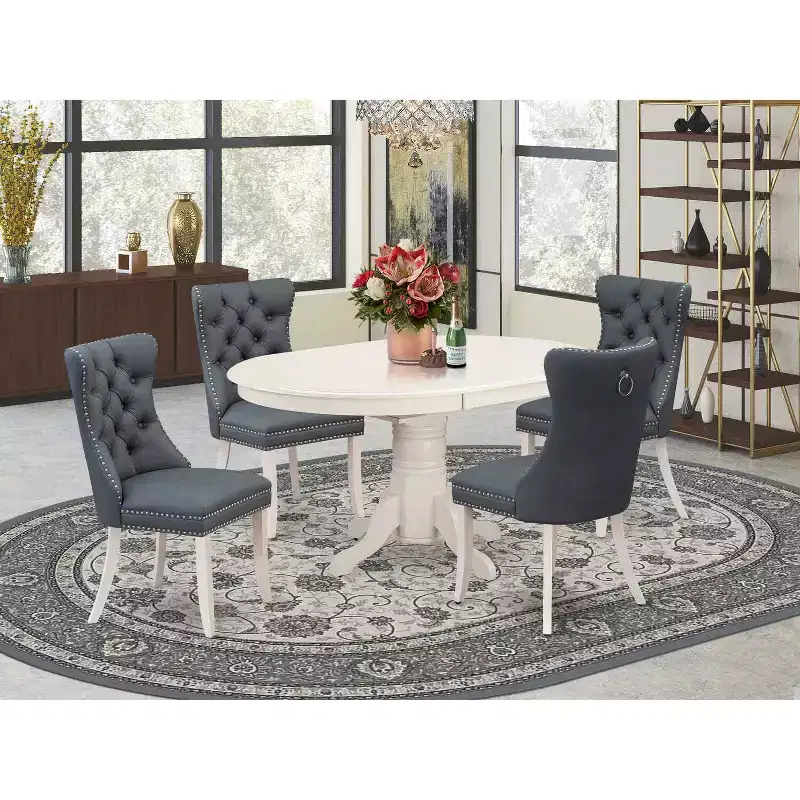 Modern 5 Piece Dinette Set - Oval Dining Table & 4 Linen White Chairs